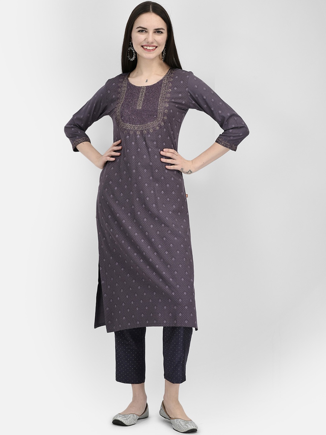 

Span Ethnic Motifs Printed Round Neck Thread Work A-Line Kurta, Purple