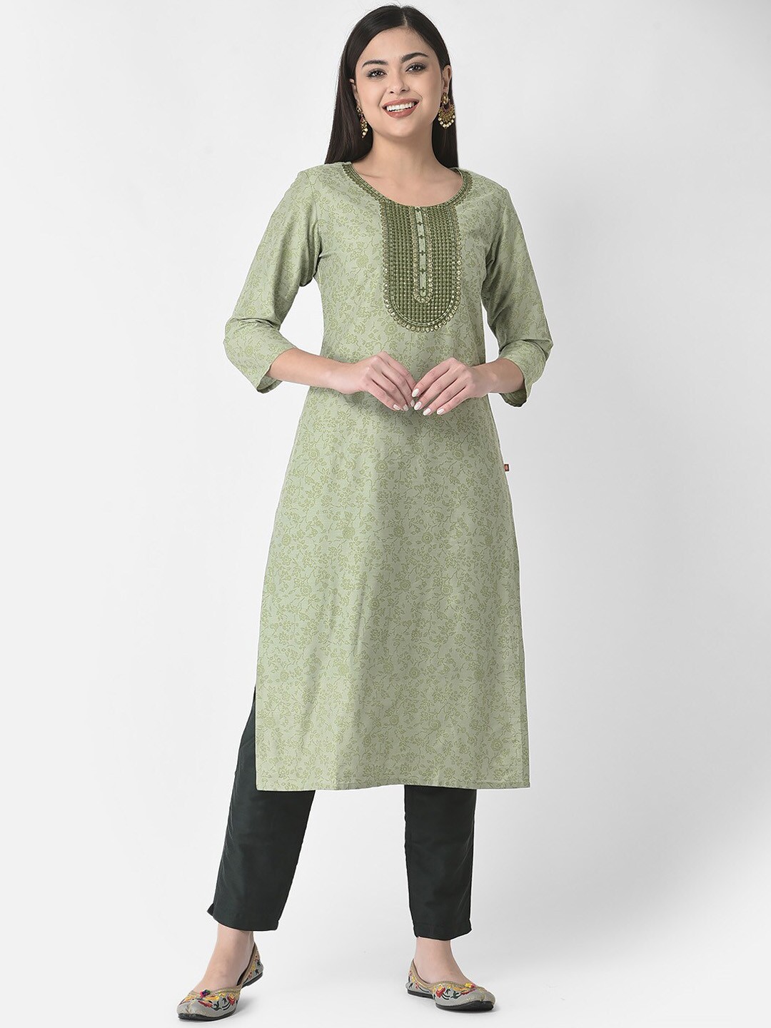 

Span Floral Printed Round Neck Thread Work Silk Straight Kurta, Green