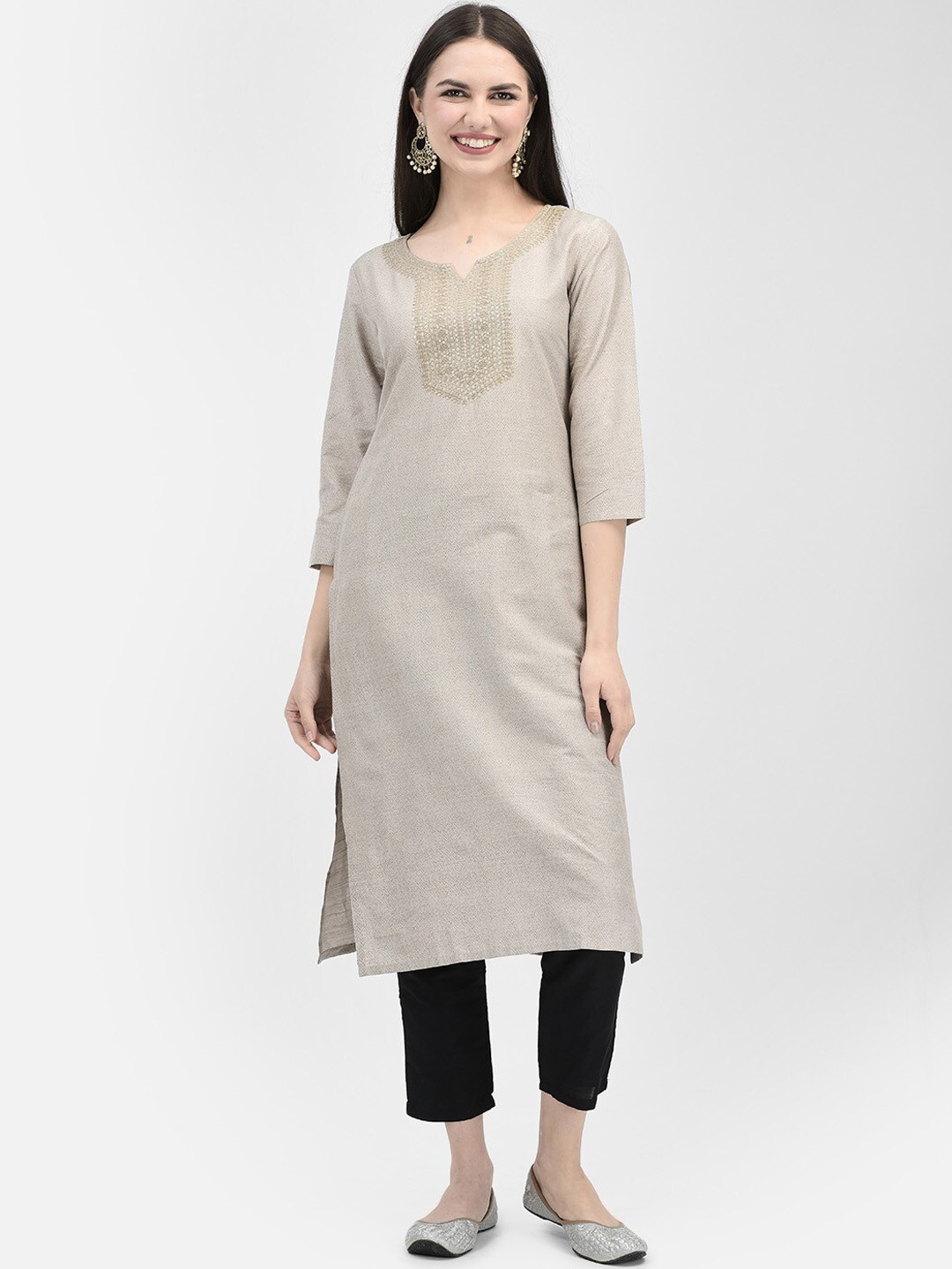 

Span Ethnic Motifs Yoke Design Sequinned Silk Kurta, Beige