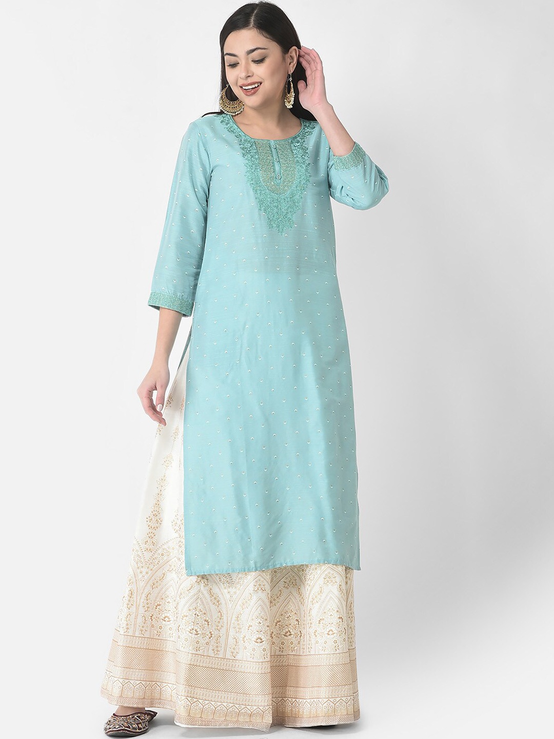 

Span Floral Yoke Design Round Neck Thread Work Silk Straight Kurta, Blue