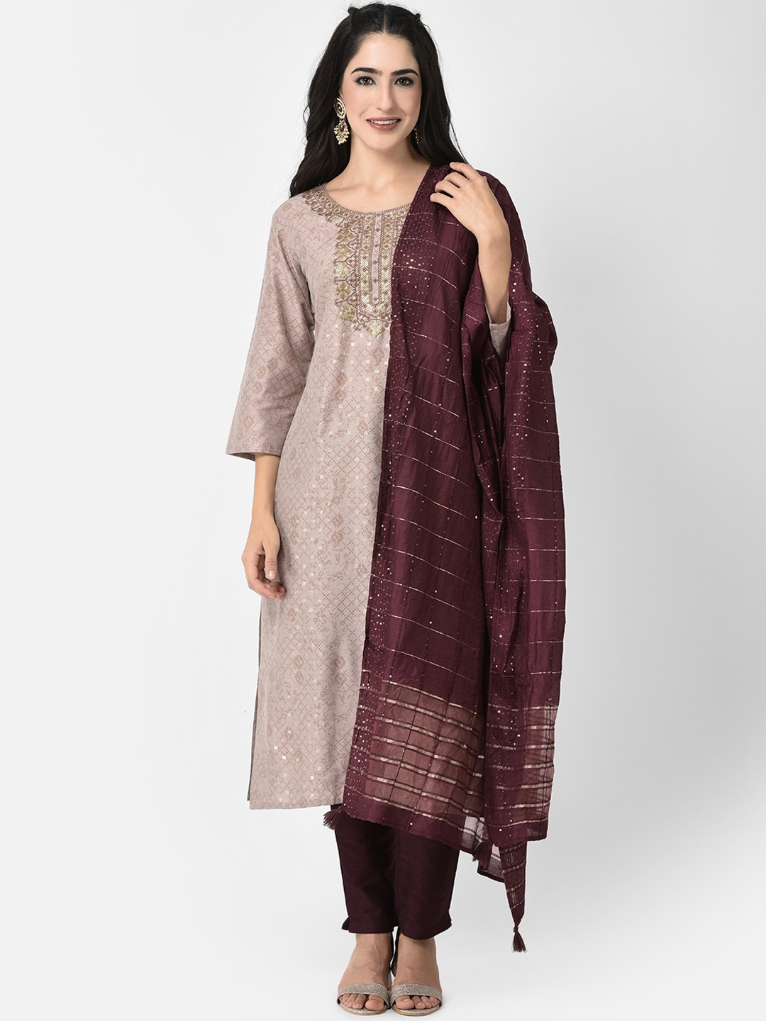 

Span Ethnic Motifs Printed Round Neck Thread Work Silk Straight Kurta, Beige