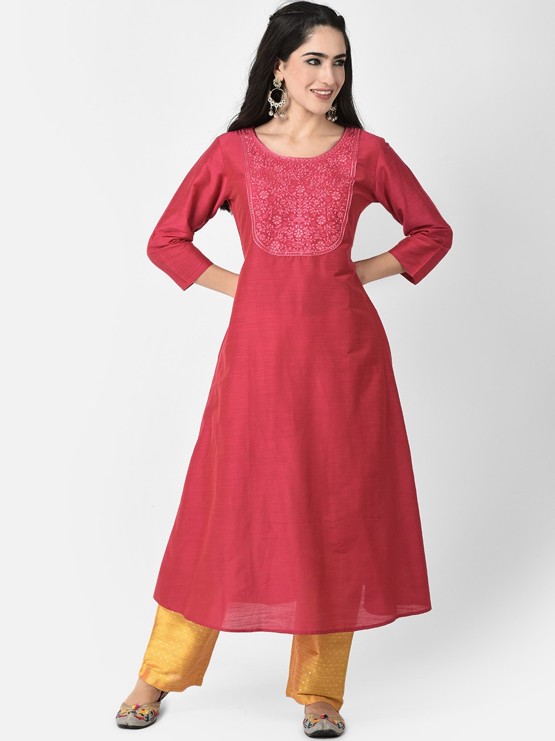 

Span Floral Yoke Design Thread Work Detailed Silk A-Line Kurta, Pink