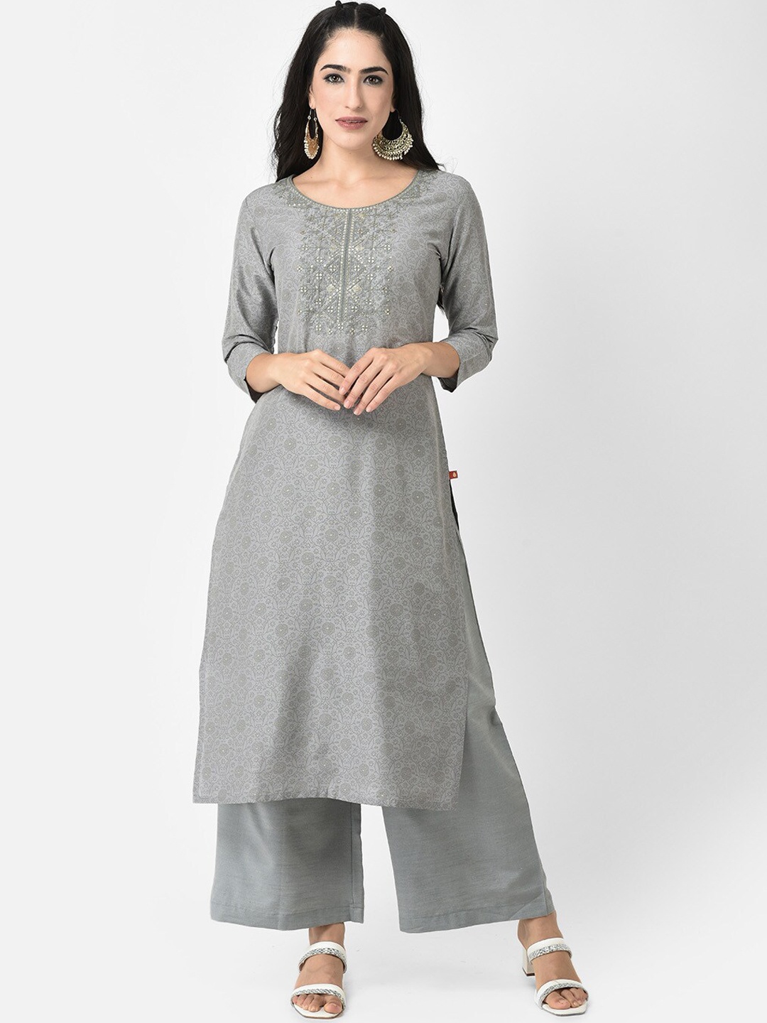 

Span Floral Printed Sequinned Detailed Silk Straight Kurta, Grey