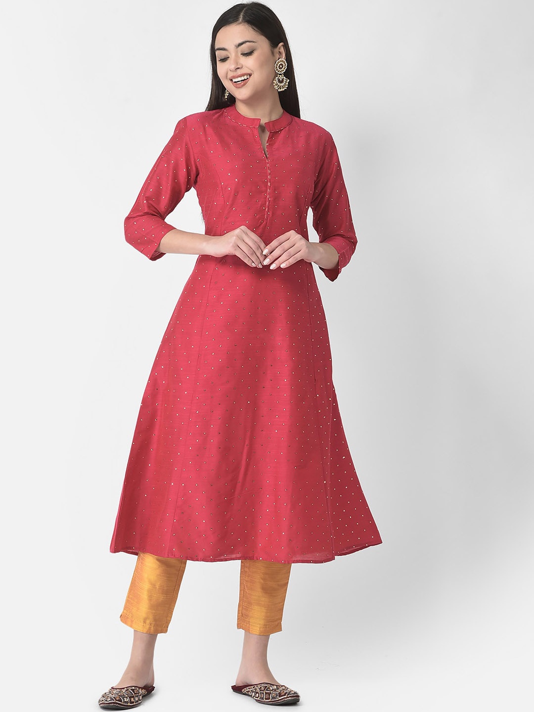 

Span Embellished Mandarin Collar A-line Silk Kurta, Pink