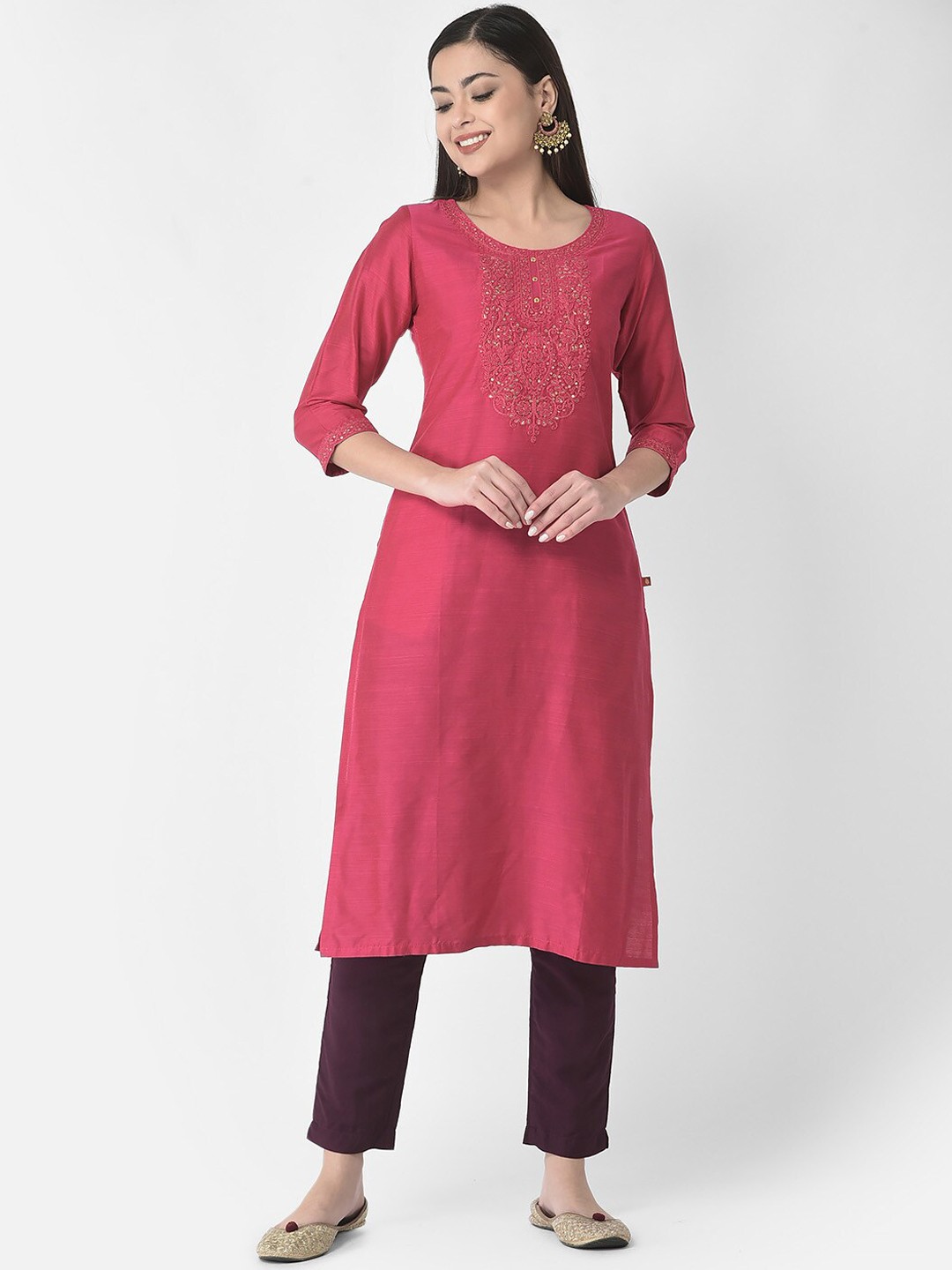 

Span Floral Yoke Design Thread Work Silk Straight Kurta, Pink