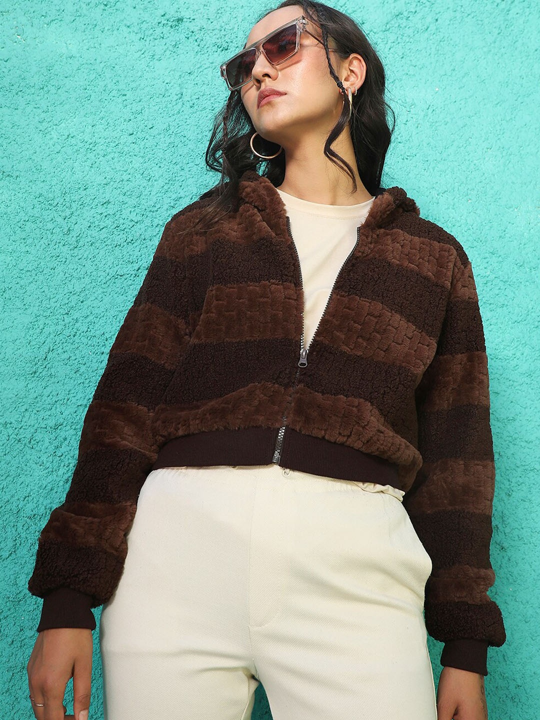 

Campus Sutra Striped Hooded Windcheater Open Front Jacket, Brown