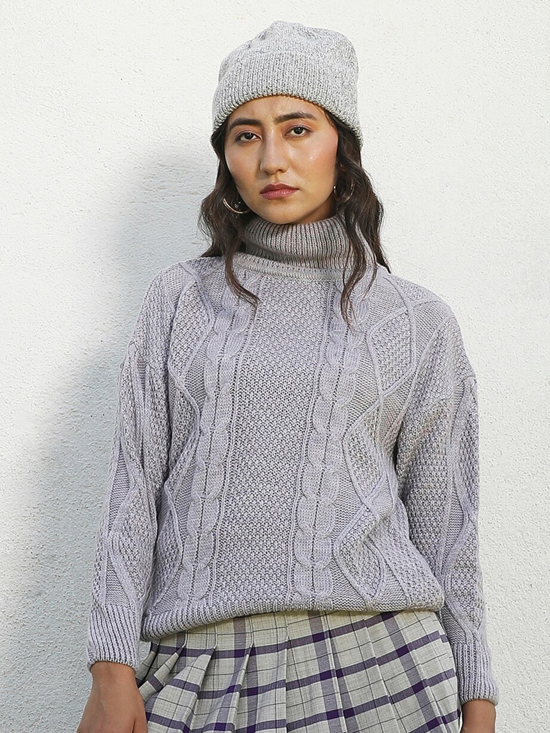 

Campus Sutra Grey Cable Knit Cotton Pullover