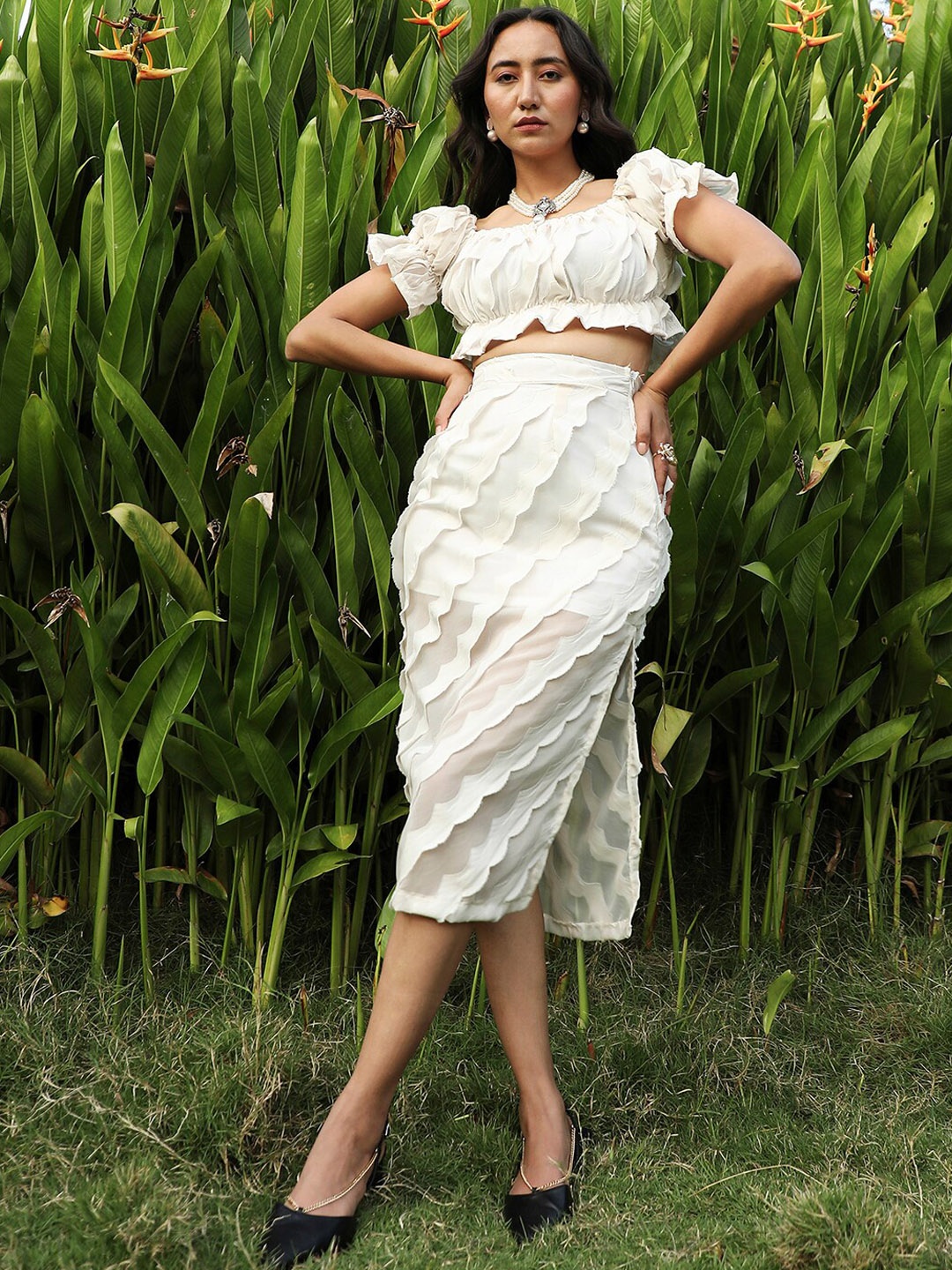 

Campus Sutra White Self Design Square Neck Crop Top With Skirt