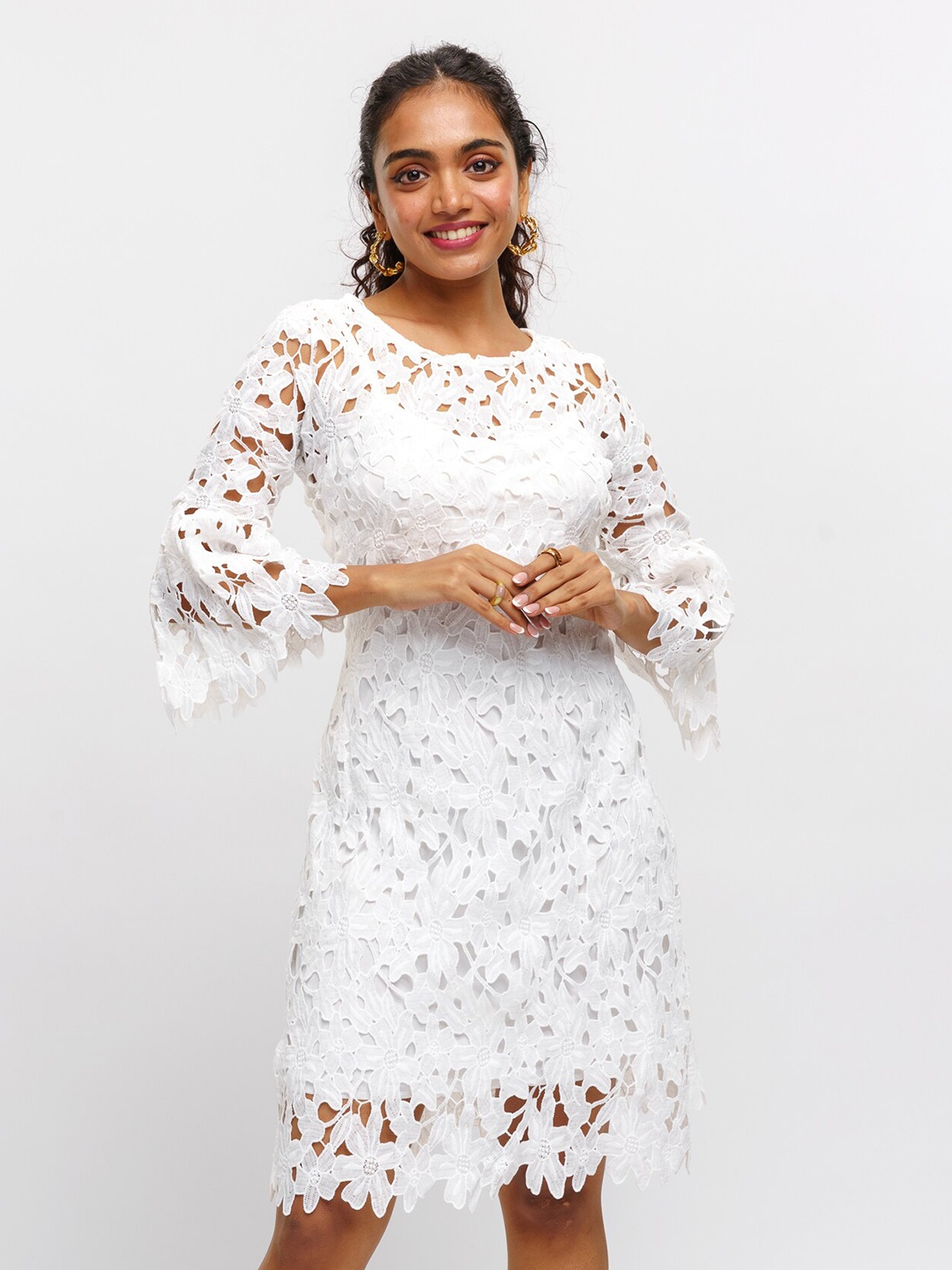 

FREAKINS Floral Self Design A-Line Dress, White