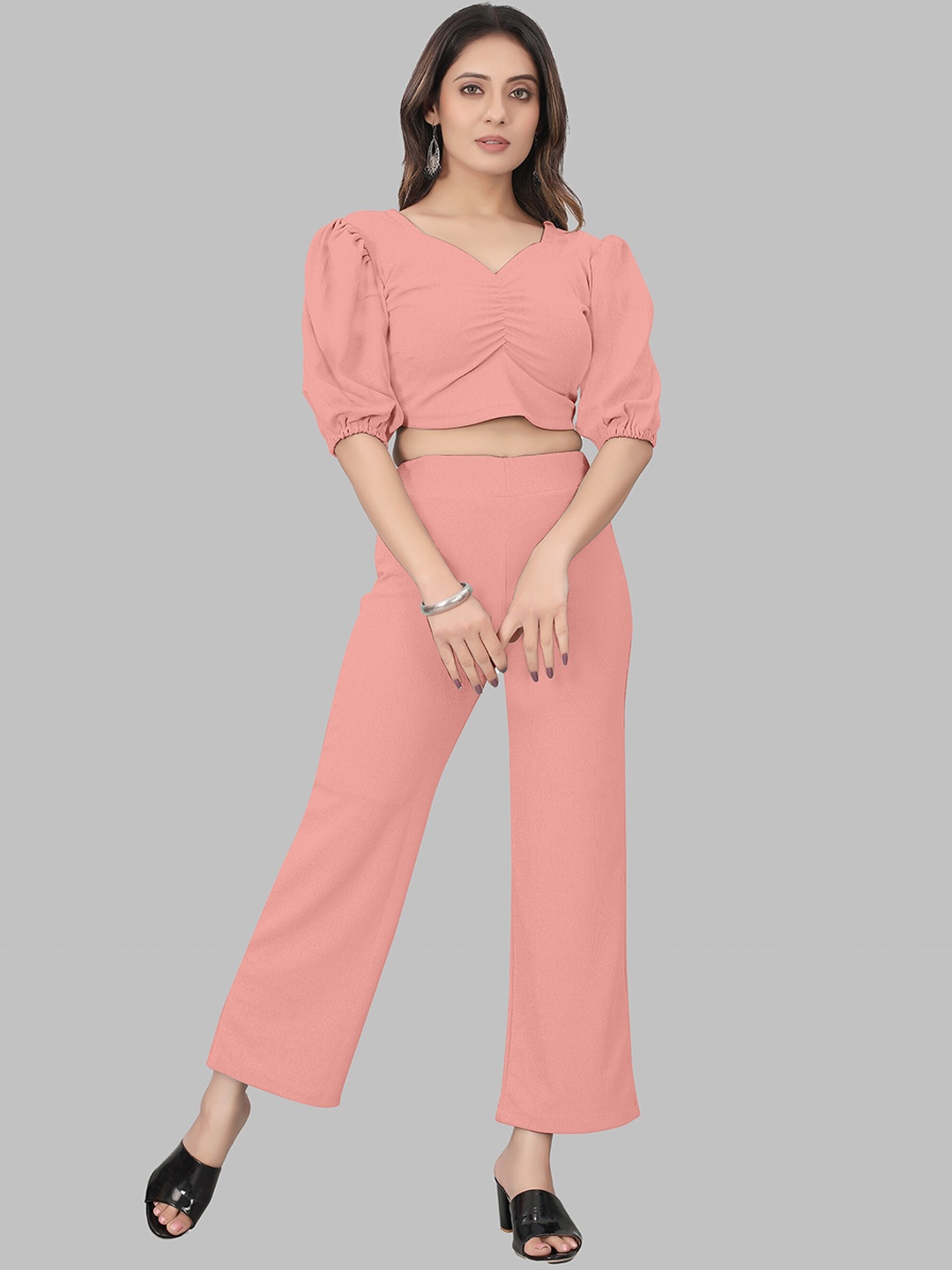 

N N ENTERPRISE Crop Top With Trousers Co-Ords, Peach