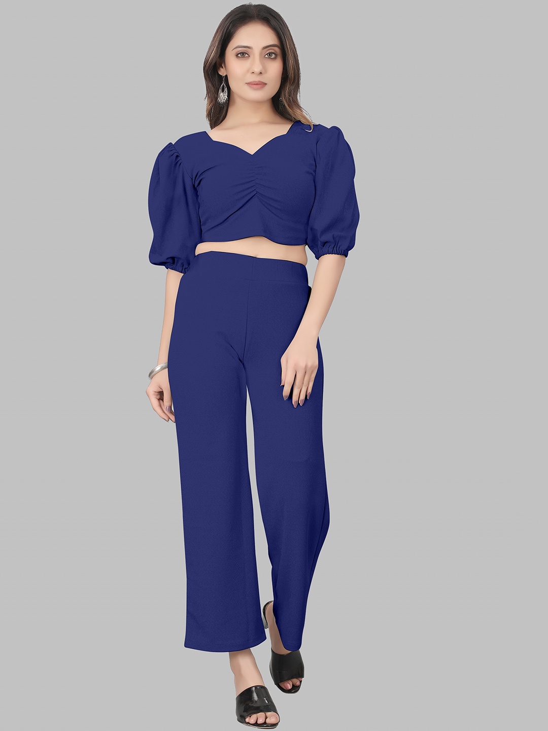 

N N ENTERPRISE Puff Sleeves Crop Top With Trousers Co-Ords, Blue