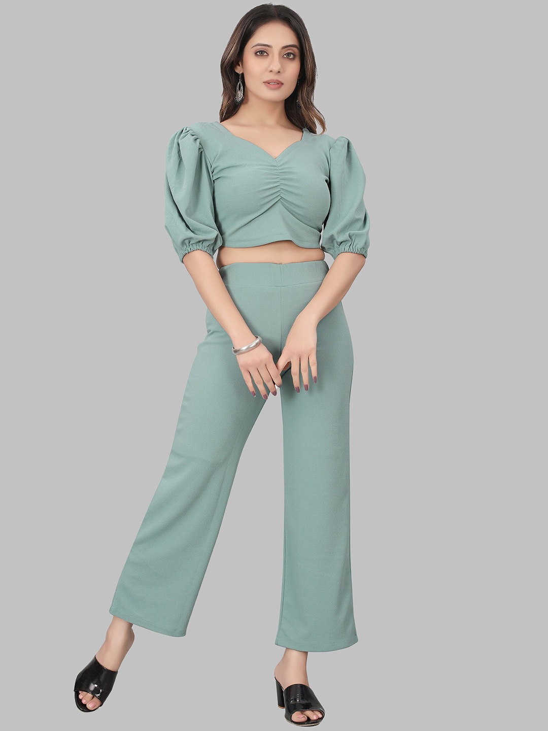 

N N ENTERPRISE Puff Sleeve Crop Top With Trouser Co-Ords, Sea green