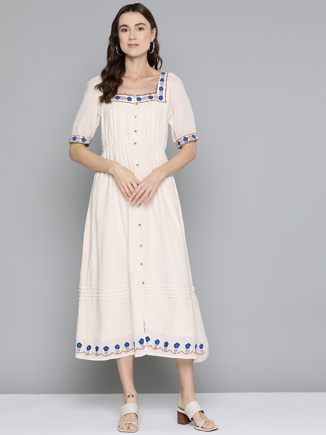 

SCOUP Floral Embroidered Puff Sleeve Crepe A-Line Midi Dress, Off white