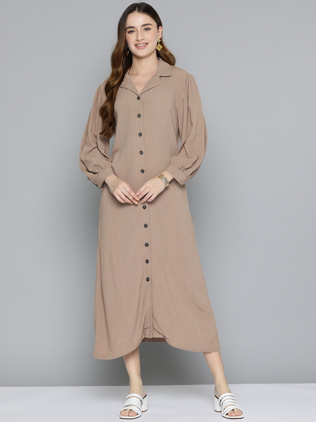 

SCOUP Puff Sleeve Shirt Linen Blend Midi Dress, Brown
