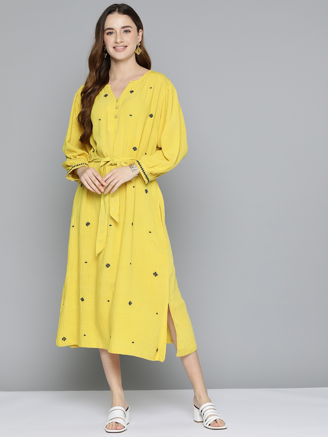 

SCOUP Floral Embroidered Puff Sleeve Cotton Linen A-Line Midi Dress, Mustard