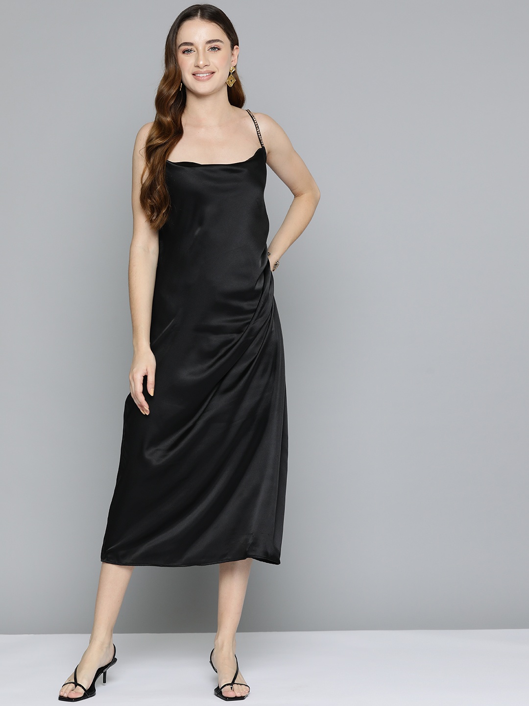 

SCOUP Satin A-Line Midi Dress, Black