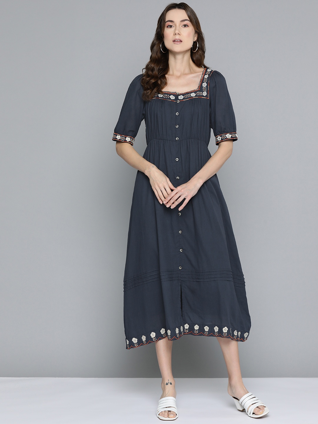 

SCOUP Floral Embroidered Puff Sleeve Crepe A-Line Midi Dress, Navy blue