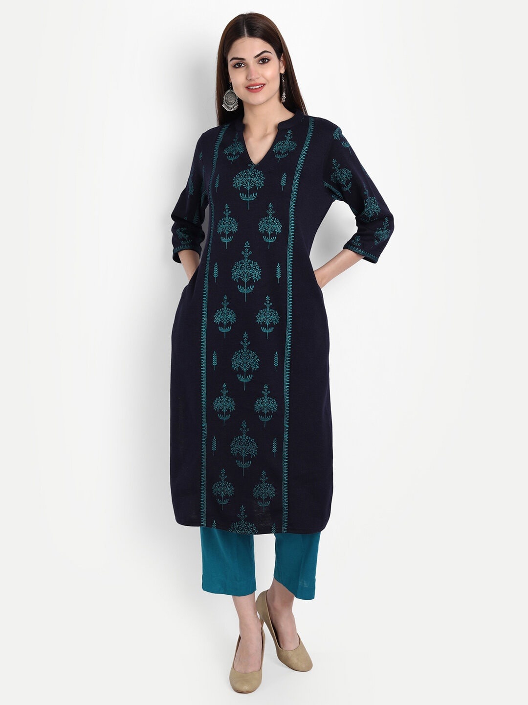 

SUTI Ethnic Motifs Printed Woollen Kurta, Teal