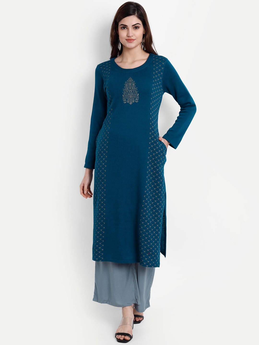 

SUTI ethnic Motif Printed Woollen Straight Kurta, Teal