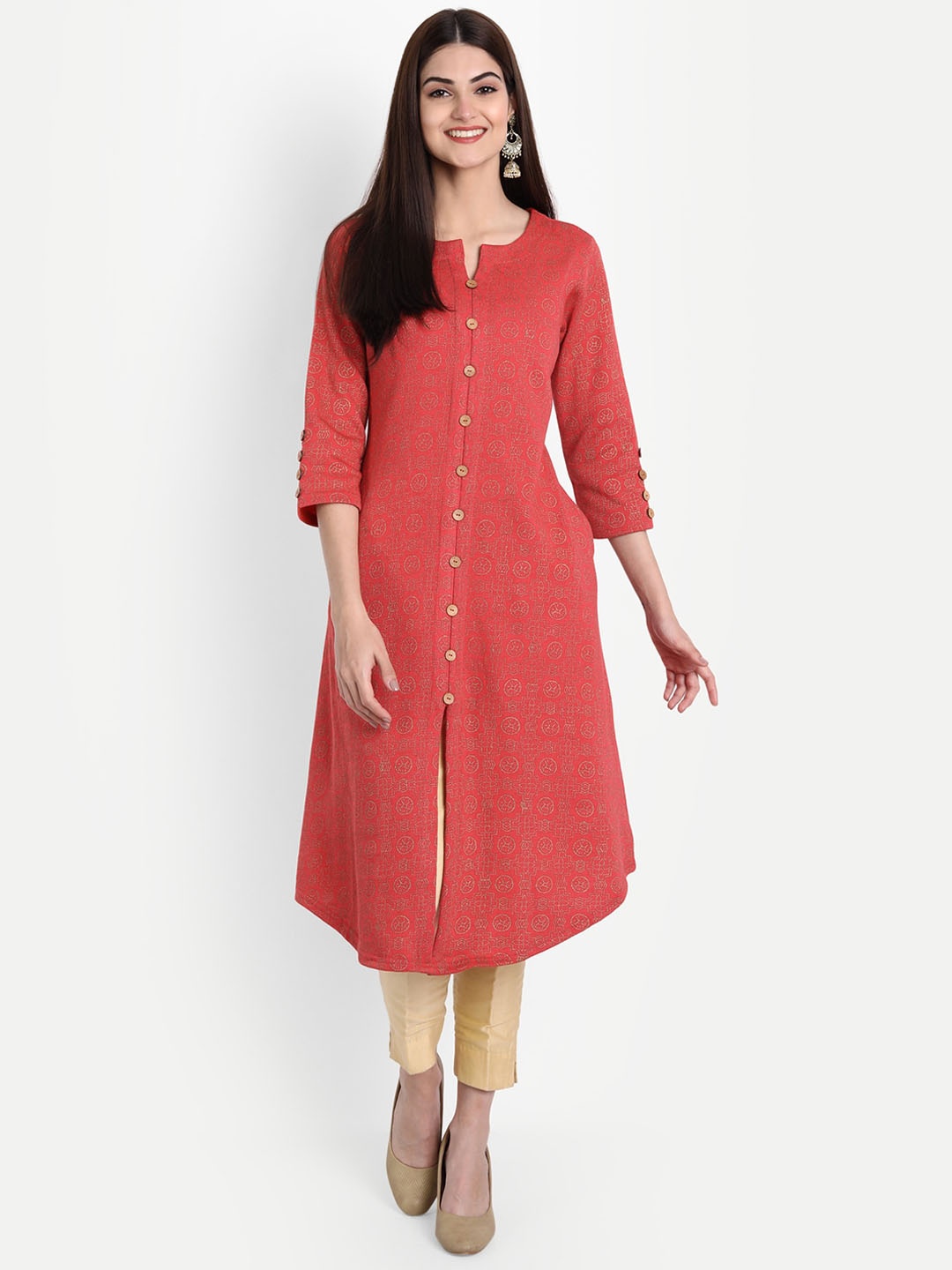 

SUTI Ethnic Motifs Printed Notched Neck A-Line Woollen Kurta, Red