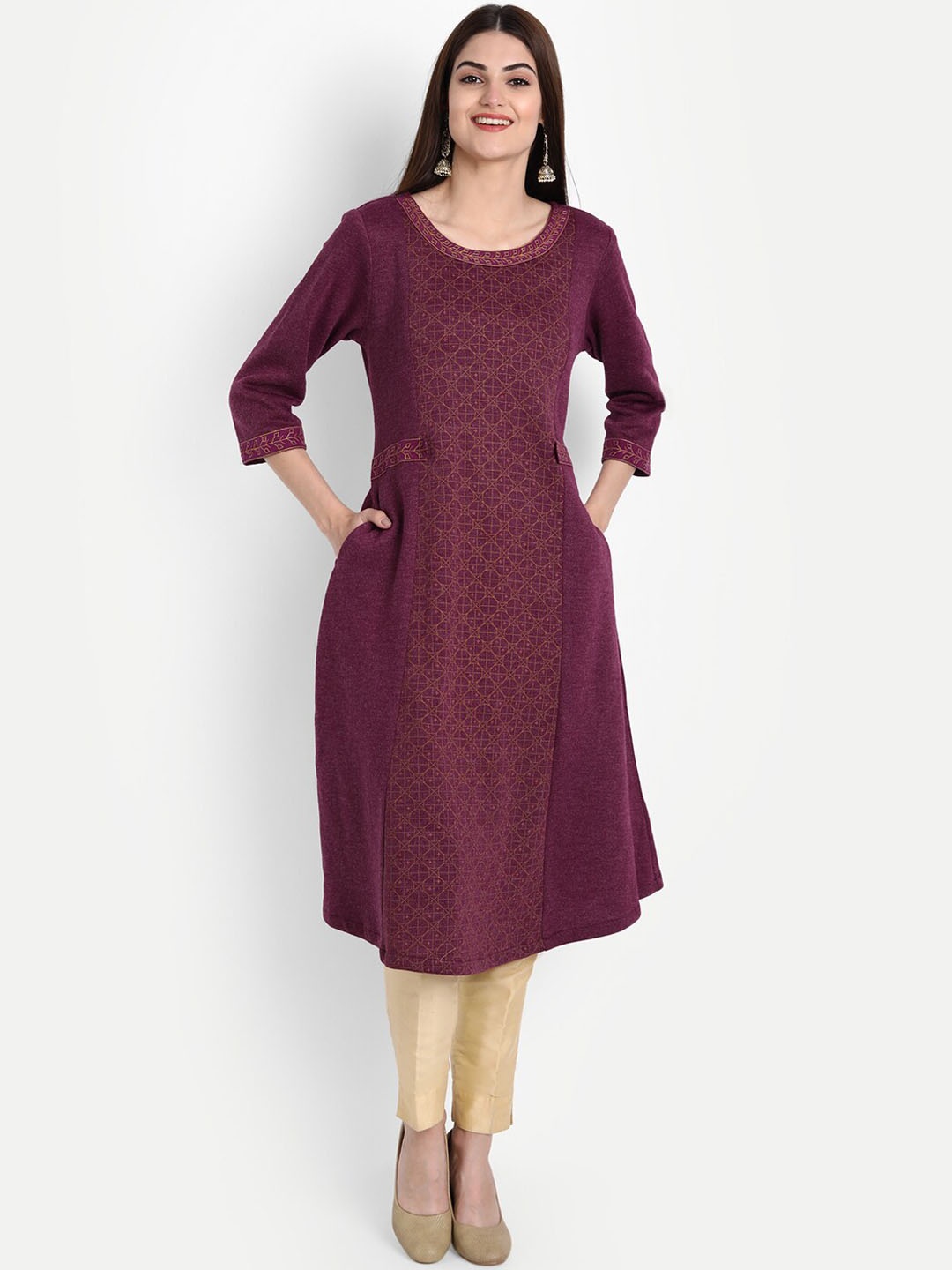 

SUTI Geometric Printed Woollen A-Line Kurta, Purple