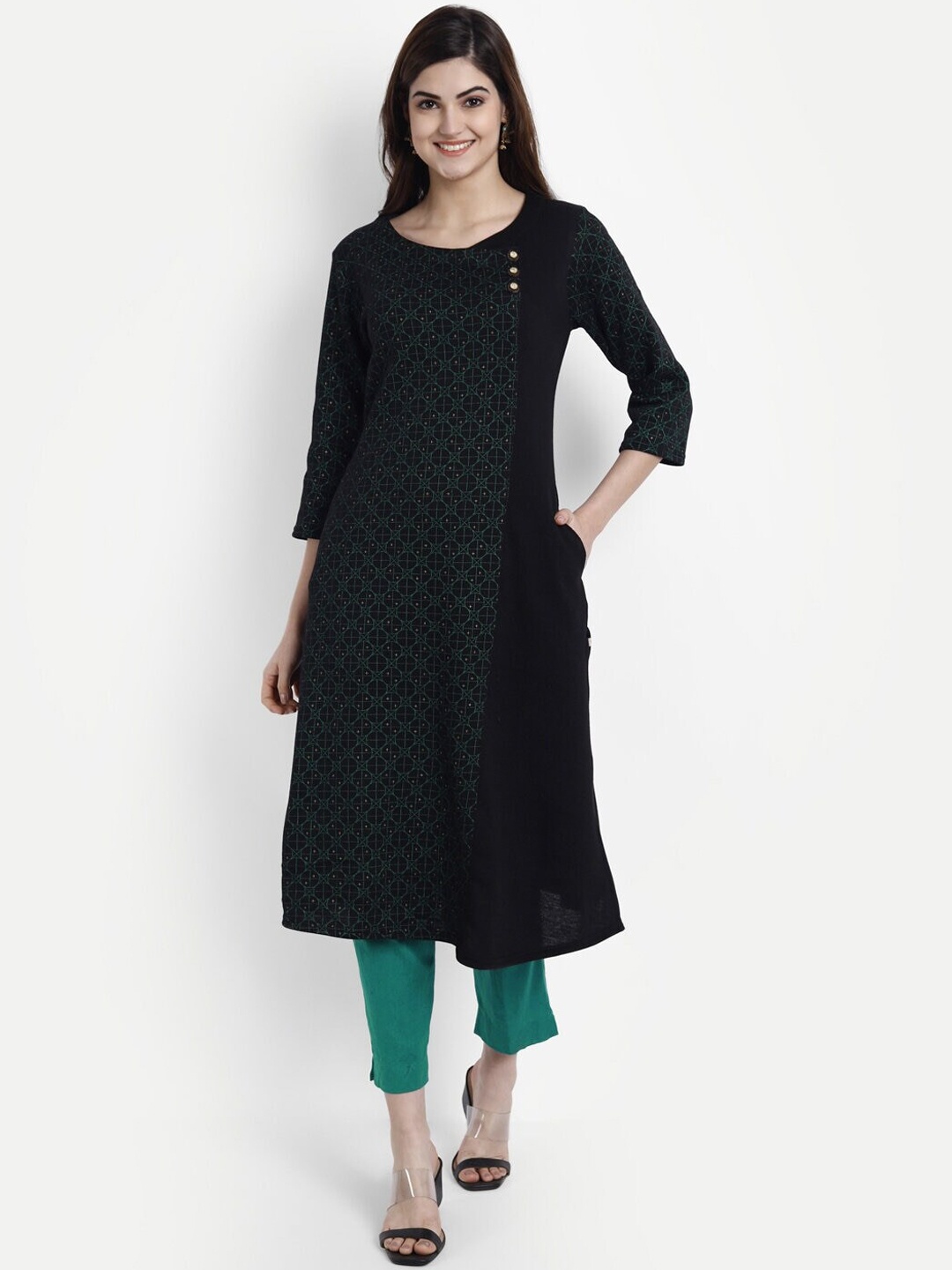 

SUTI Printed Woollen A-line Kurta, Black