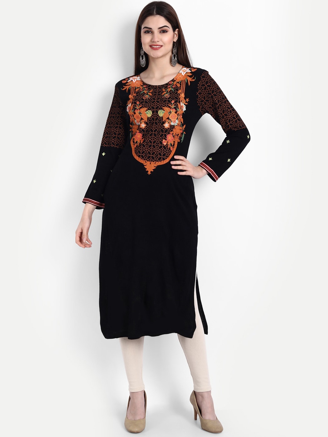 

SUTI Floral Printed Woolen Straight Kurta, Black