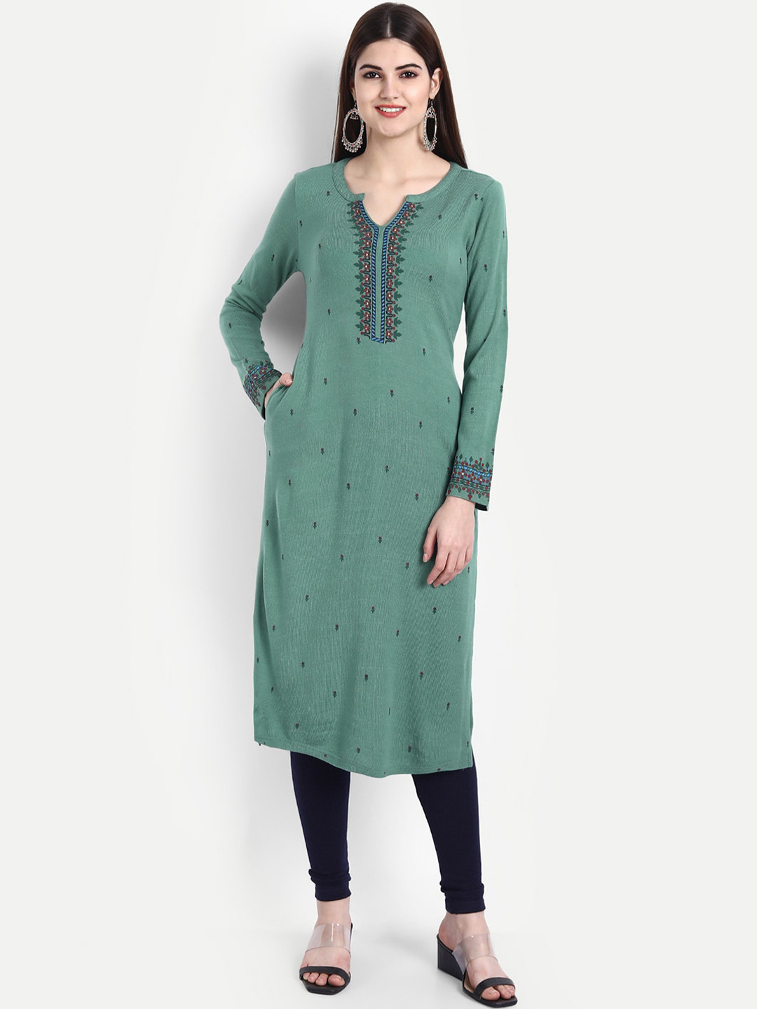

SUTI Floral Printed Round Notched Neck Long Sleeves Woollen A-Line Kurta, Green