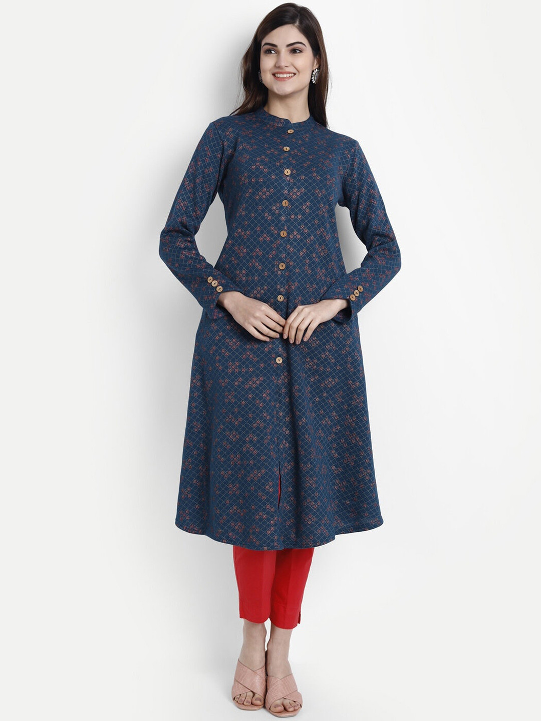 

SUTI Floral Printed Mandarin Collar A-Line Woollen Kurta, Blue