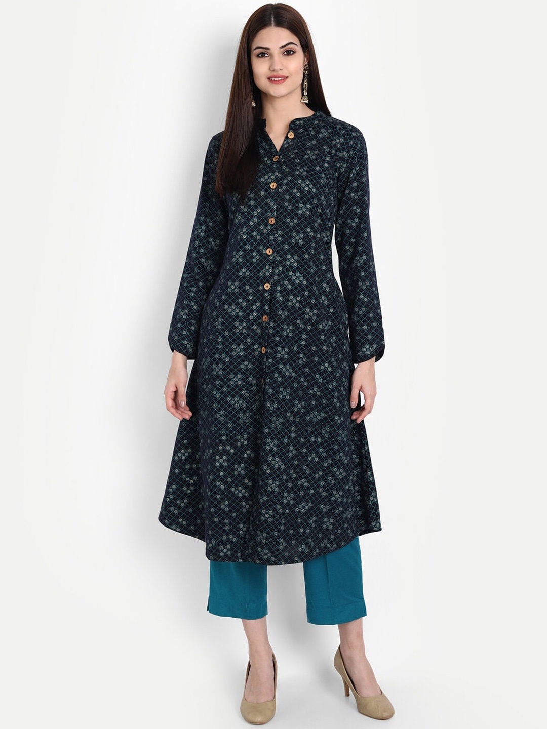

SUTI Floral Printed Woollen A-Line Kurta, Blue