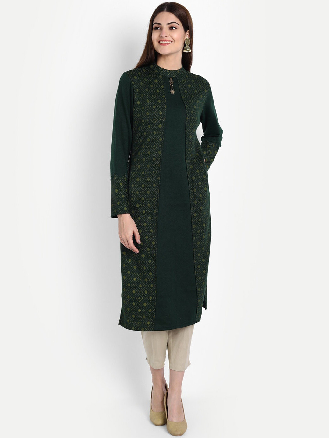 

SUTI Geometric Printed High Neck Woollen Straight Kurta, Green