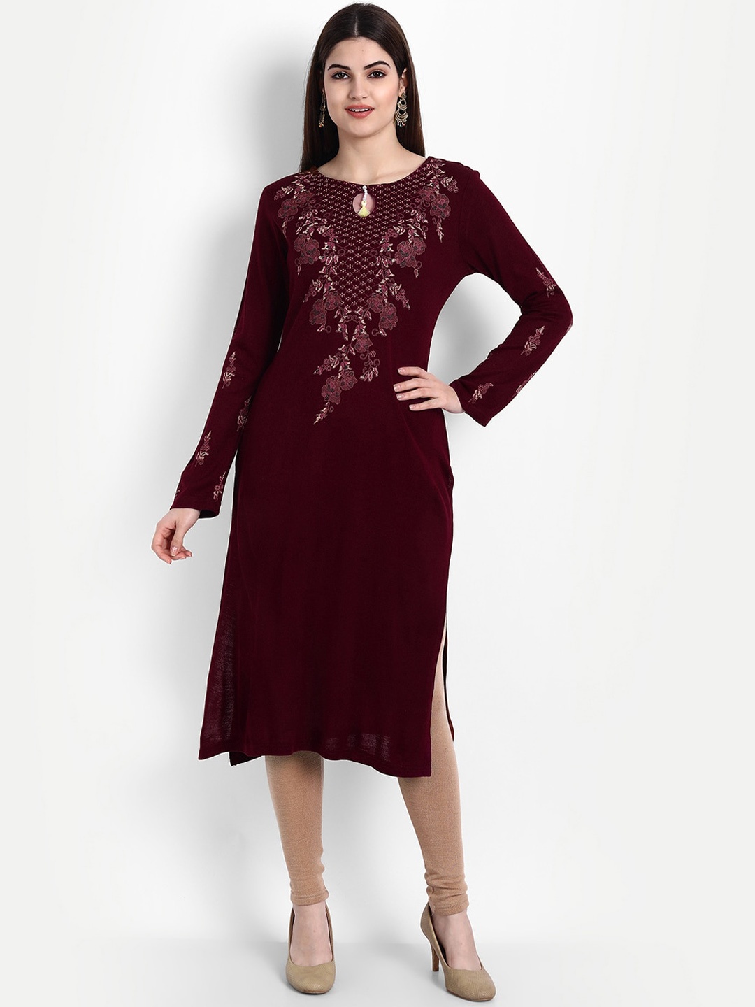 

SUTI Ethnic Motifs Yoke Design Woollen Kurta, Maroon