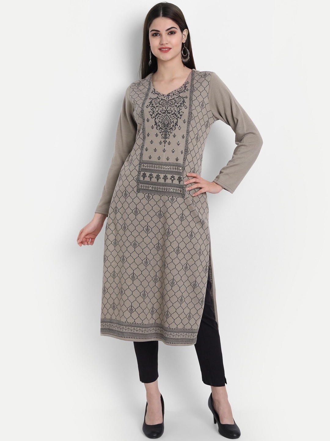 

SUTI Ethnic Motifs Printed Sequinned Regular Woollen Kurta, Grey