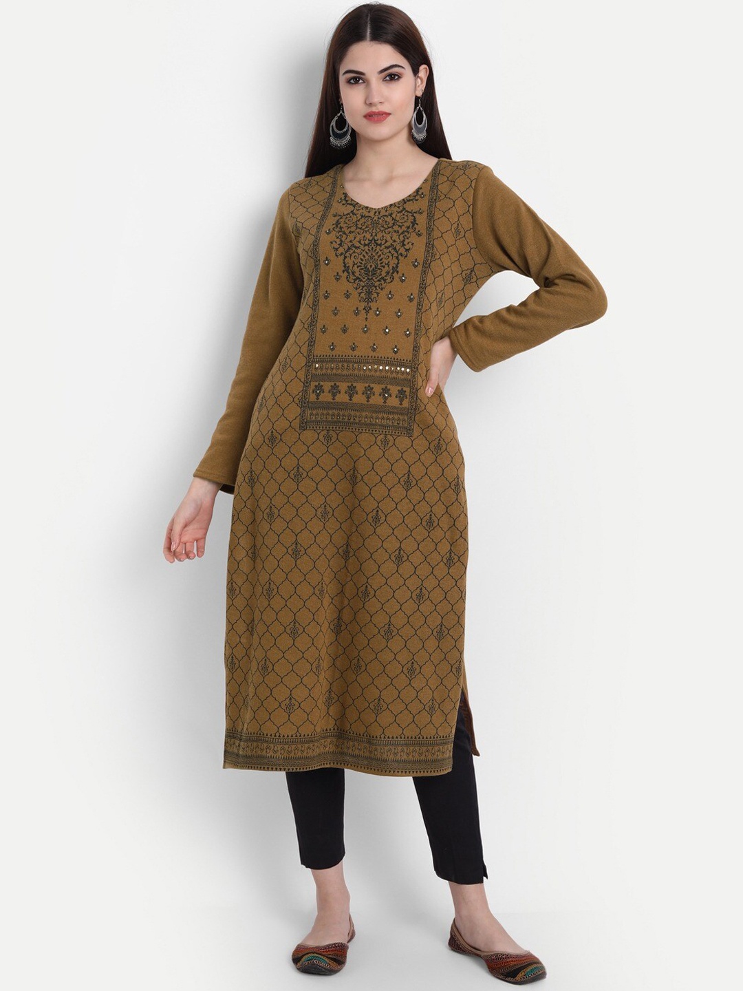 

SUTI Ethnic Motifs Printed Sequinned Regular Woollen Kurta, Camel brown