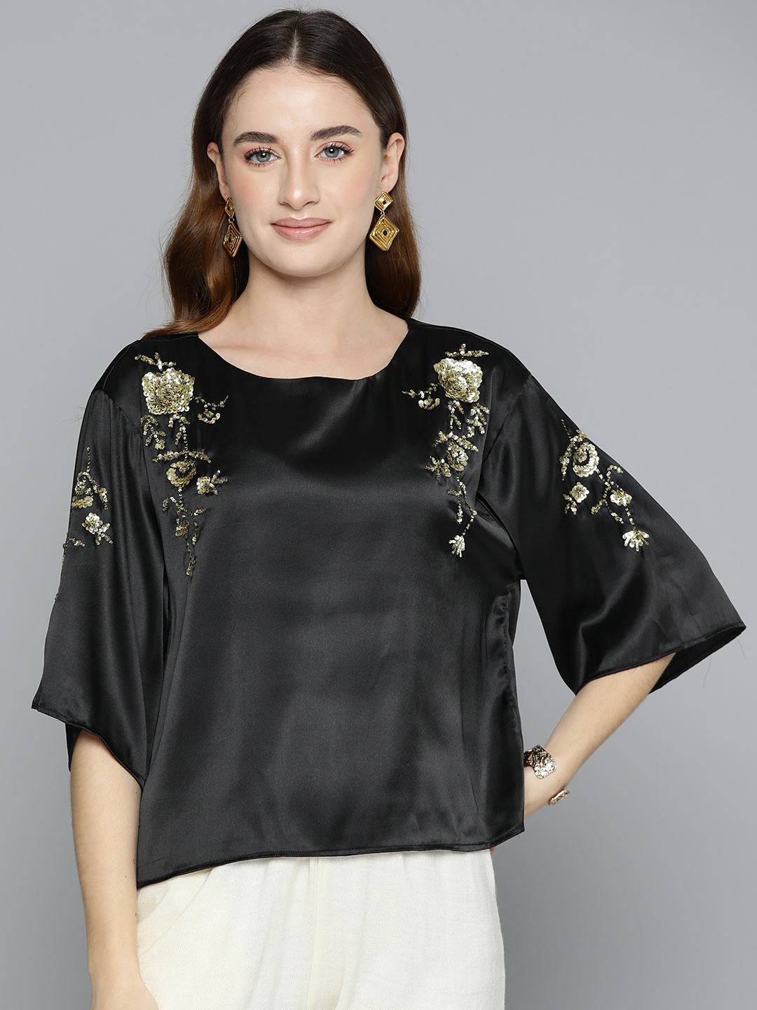 

SCOUP Floral Embellished Flared Sleeve Satin Top, Black