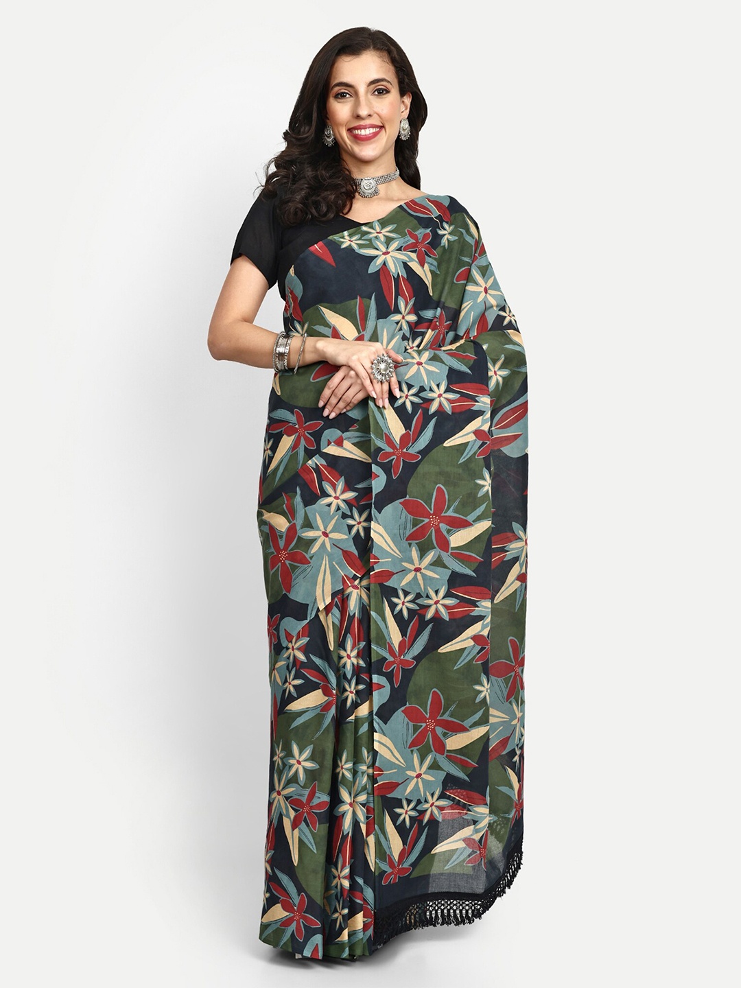 

BUTA BUTI Floral Printed Pure Cotton Saree, Black