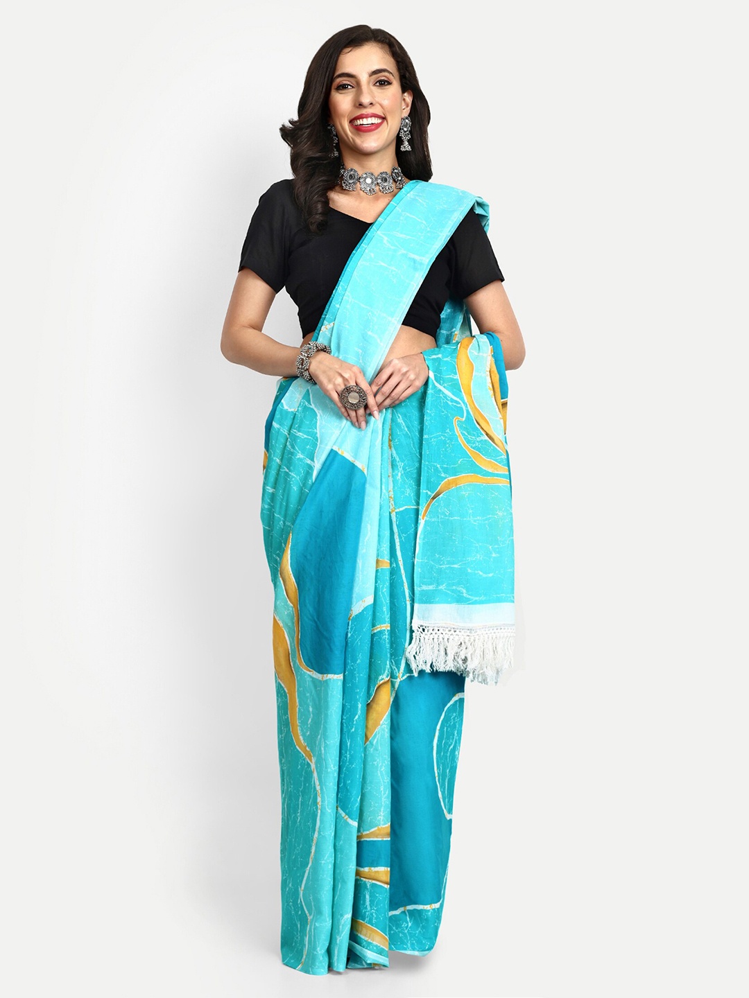 

BUTA BUTI Floral Printed Batik Pure Cotton Saree, Turquoise blue