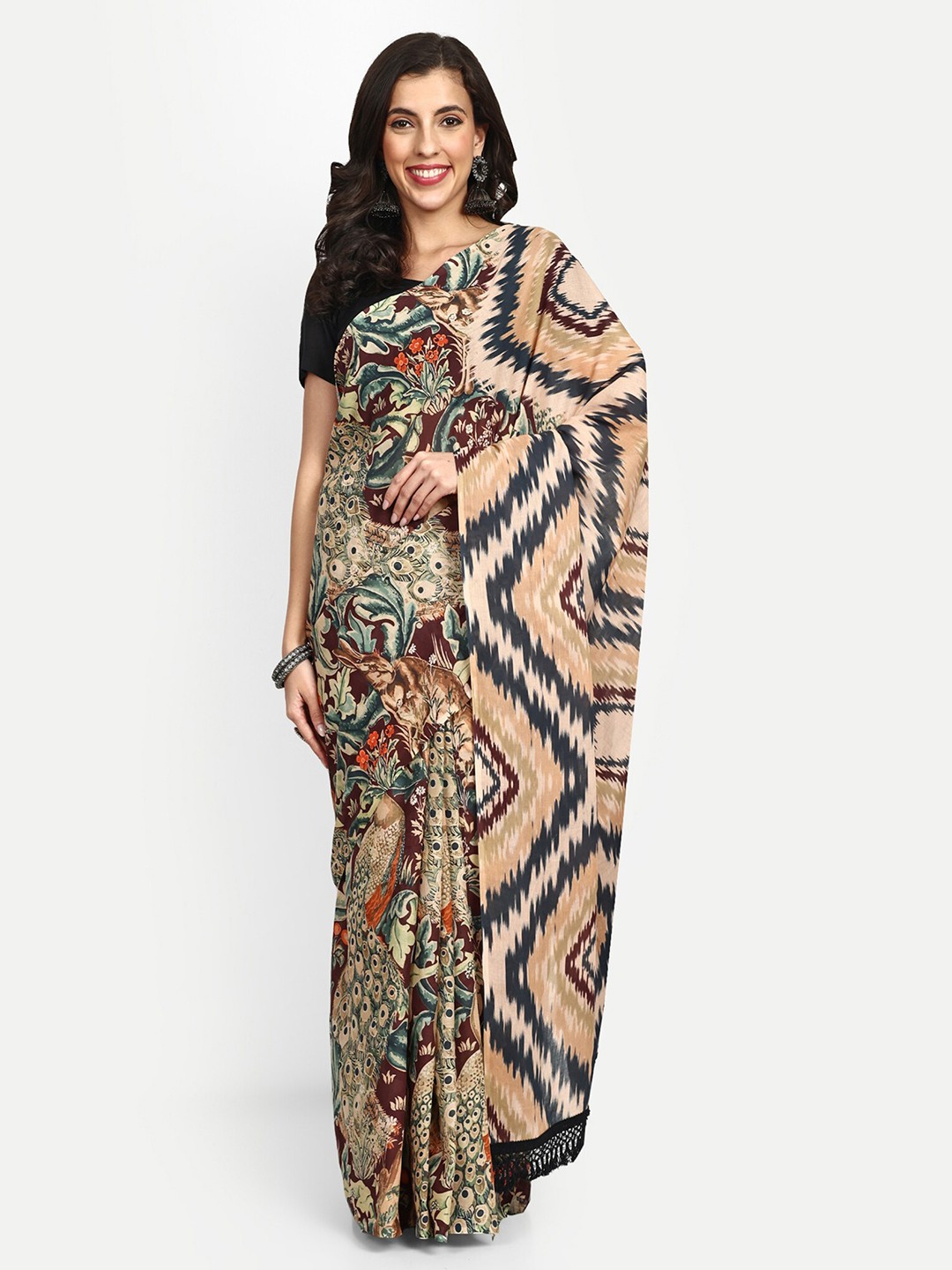 

BUTA BUTI Floral Printed Pure Cotton Saree, Beige