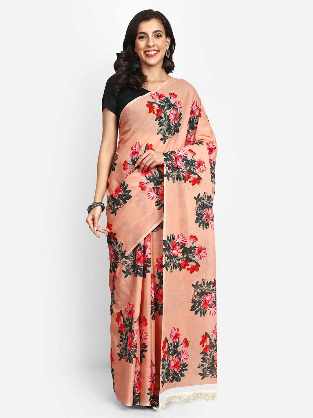 

BUTA BUTI Floral Printed Pure Cotton Tasseled Saree, Peach