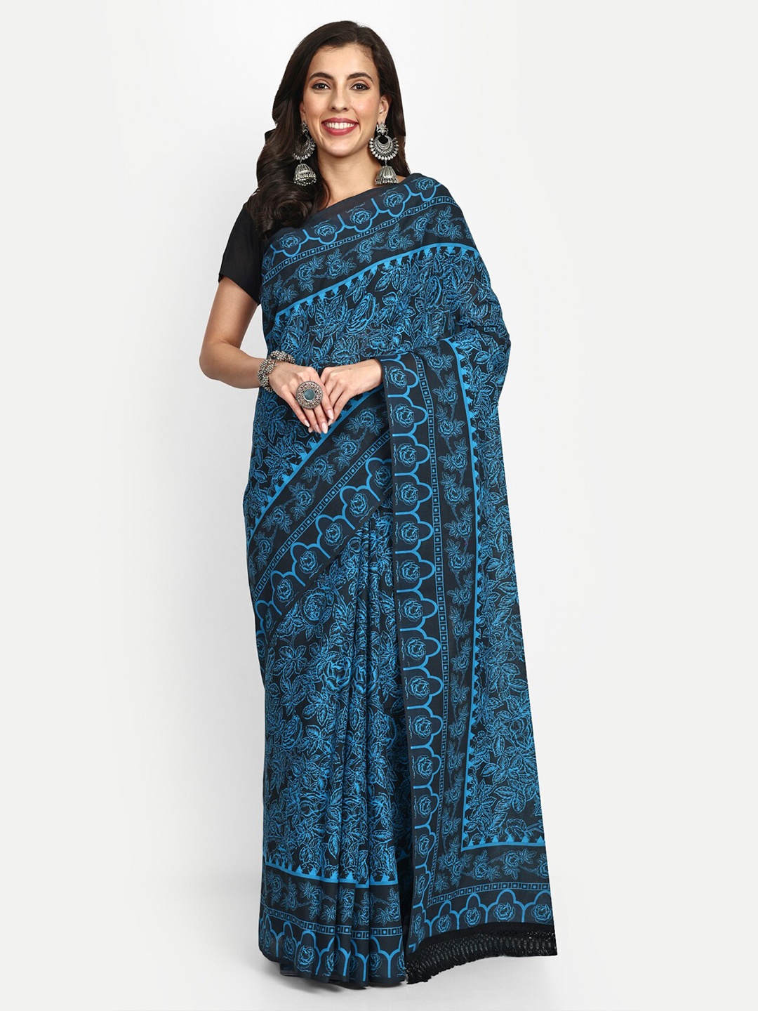 

BUTA BUTI Floral Printed Pure Cotton Saree, Turquoise blue