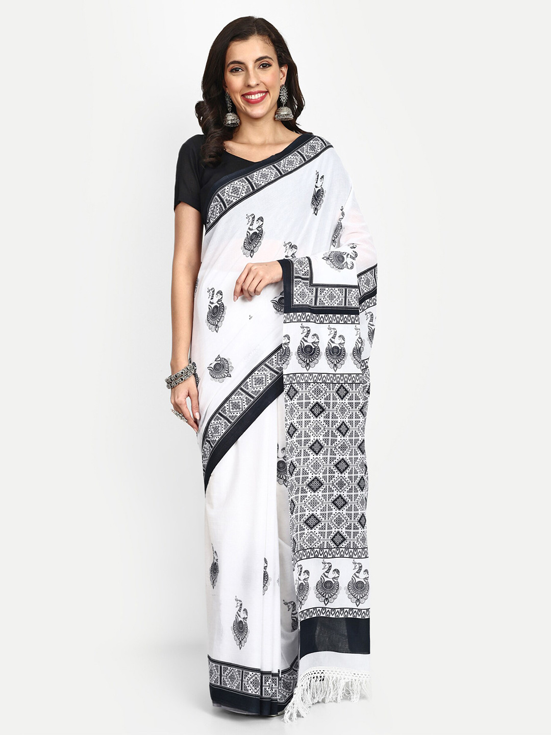 

BUTA BUTI Ethnic Motifs Printed Pure Cotton Saree, White