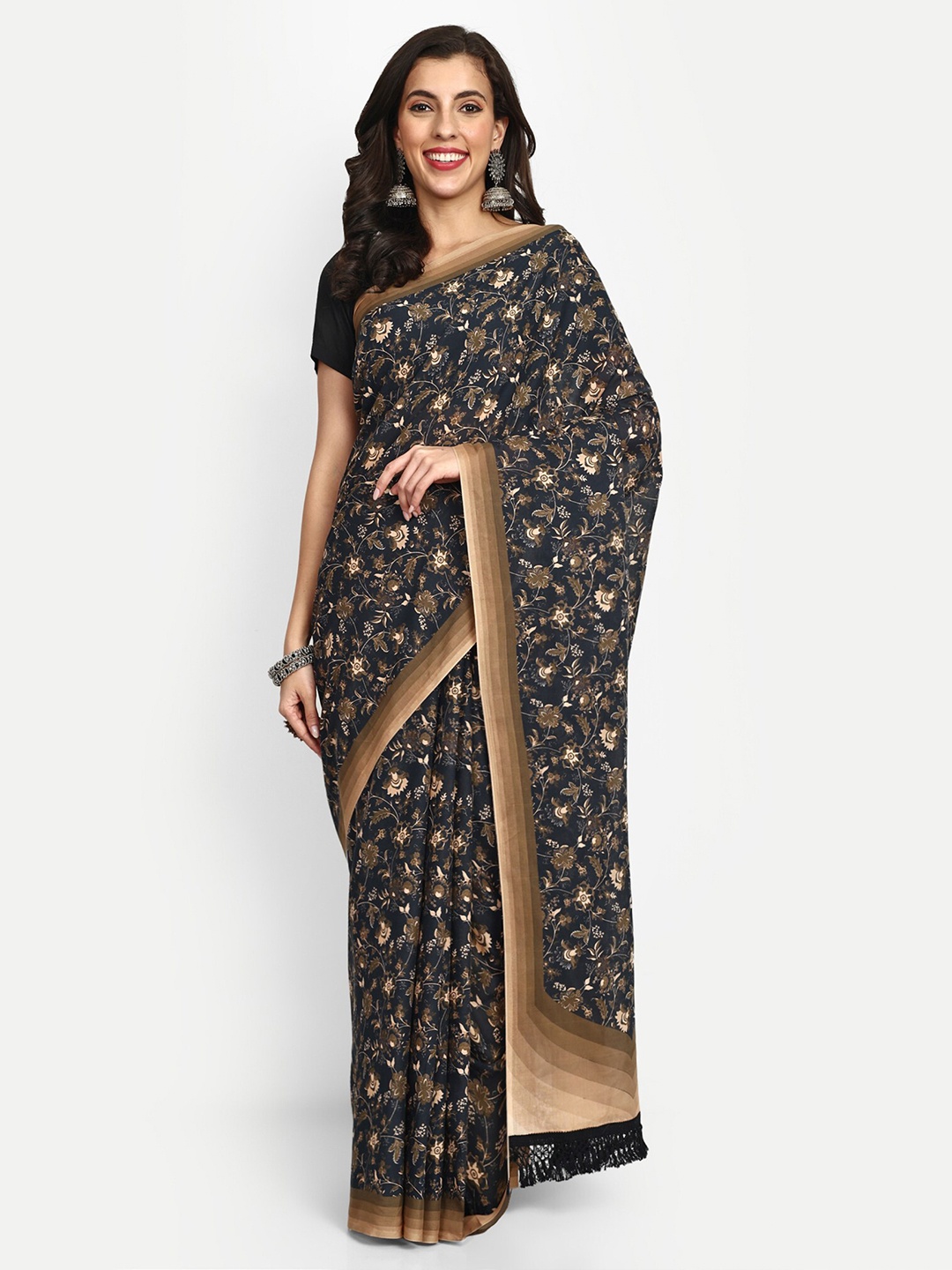 

BUTA BUTI Floral Printed Pure Cotton Tasseled Saree, Black