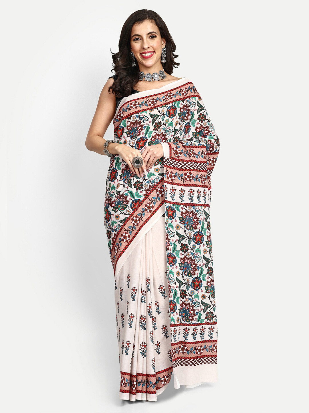 

BUTA BUTI Floral Printed Pure Cotton Saree, Beige