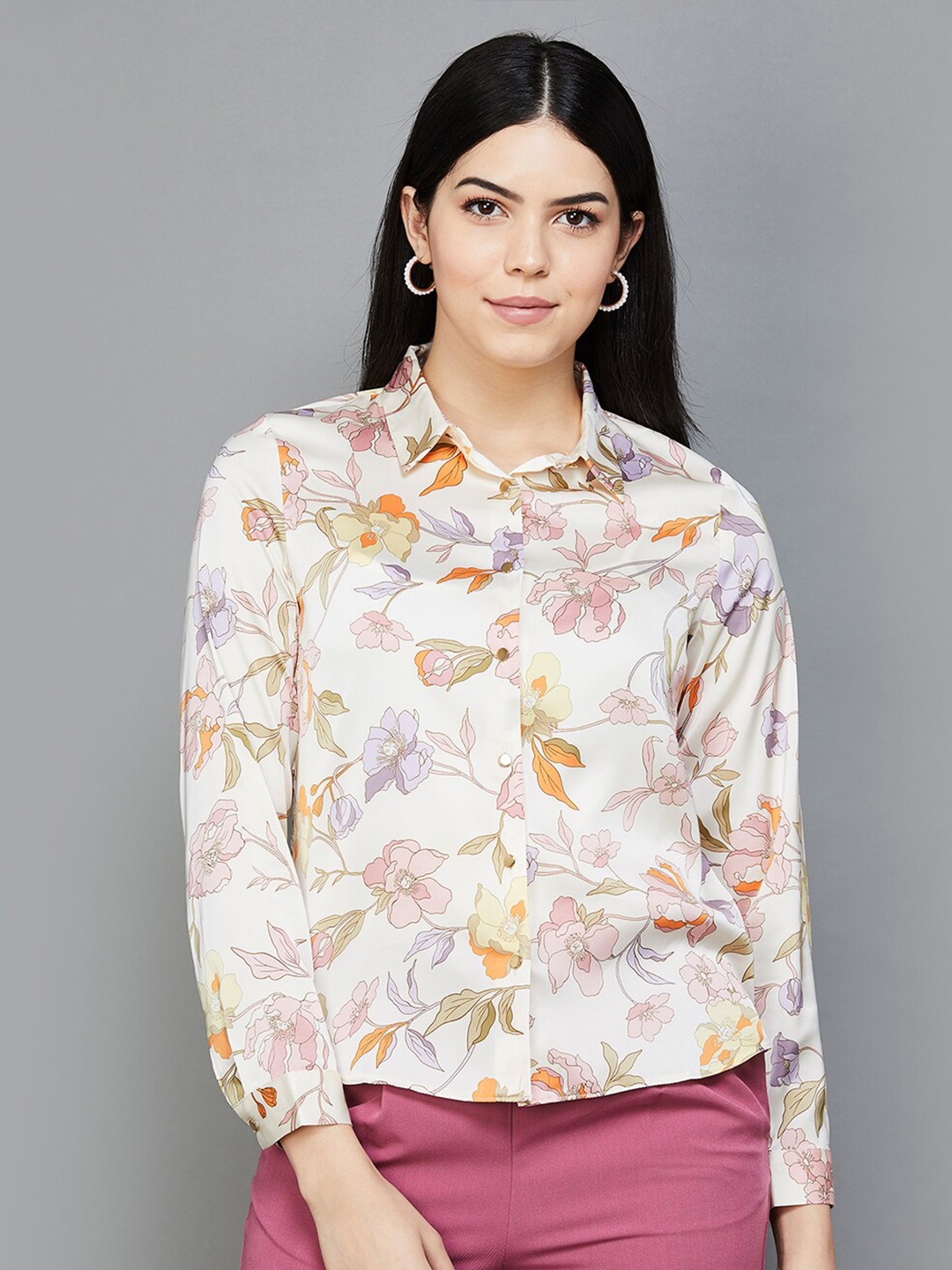 

CODE by Lifestyle Floral Printed Shirt Style Top, White