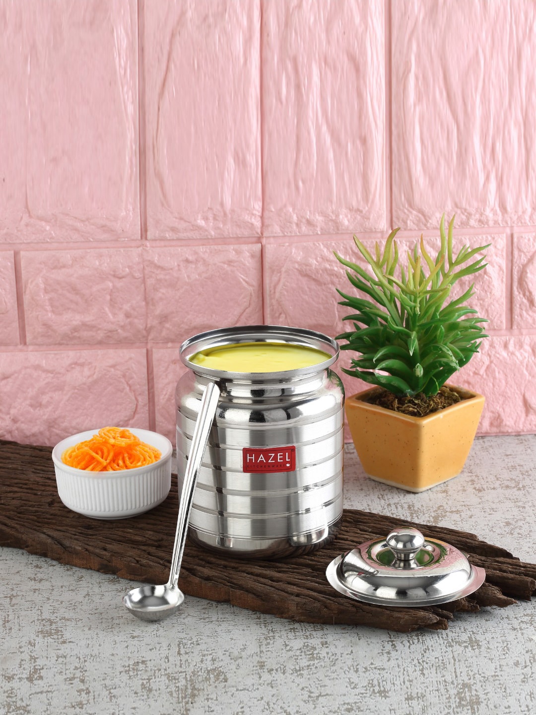 

HAZEL Metallic Toned Stainless Steel Ghee Oil Pot with Spoon 850 ml