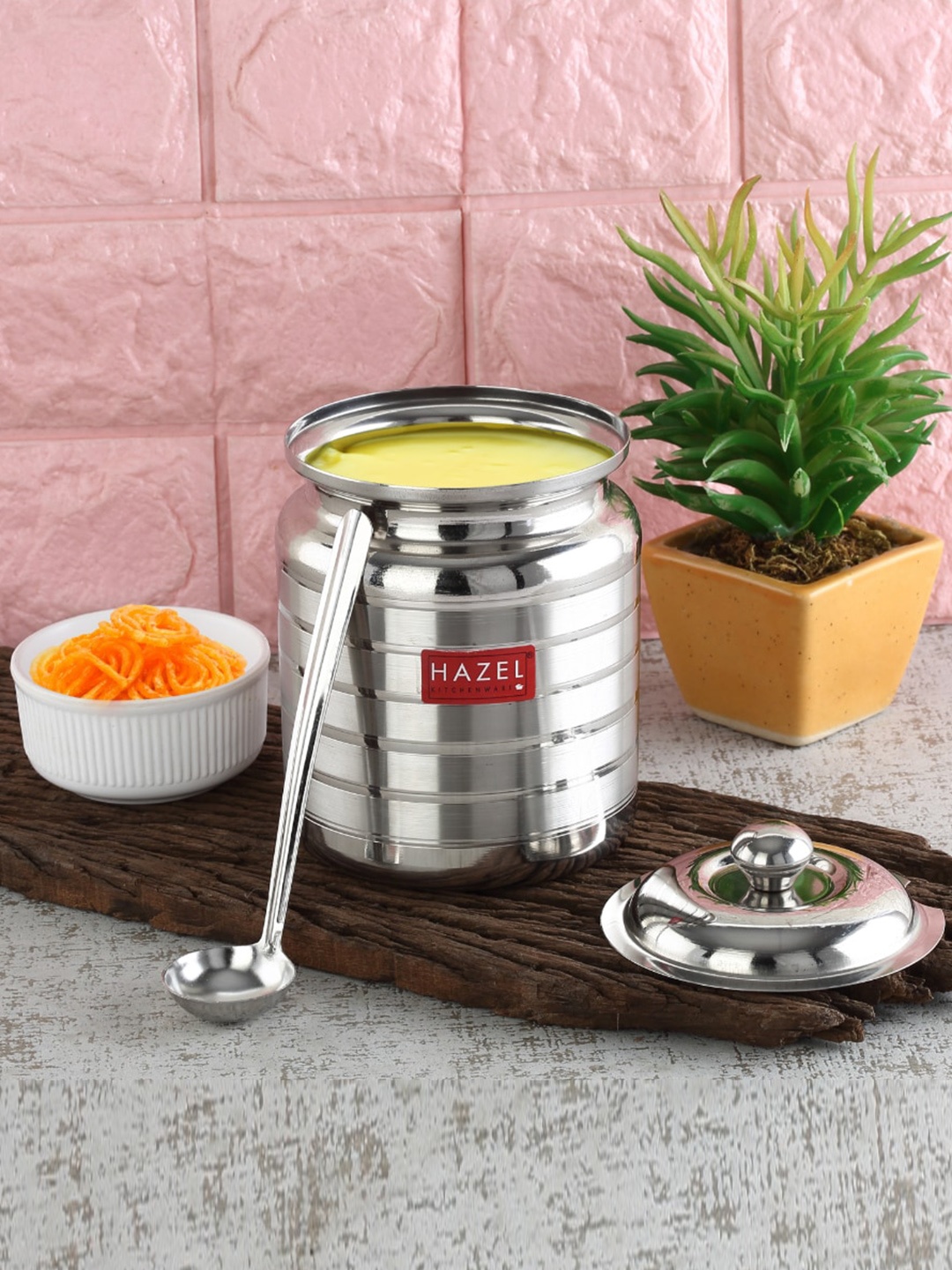 

HAZEL Metallic Toned Stainless Steel Ghee Oil Pot with Lid & Spoon 275 ml
