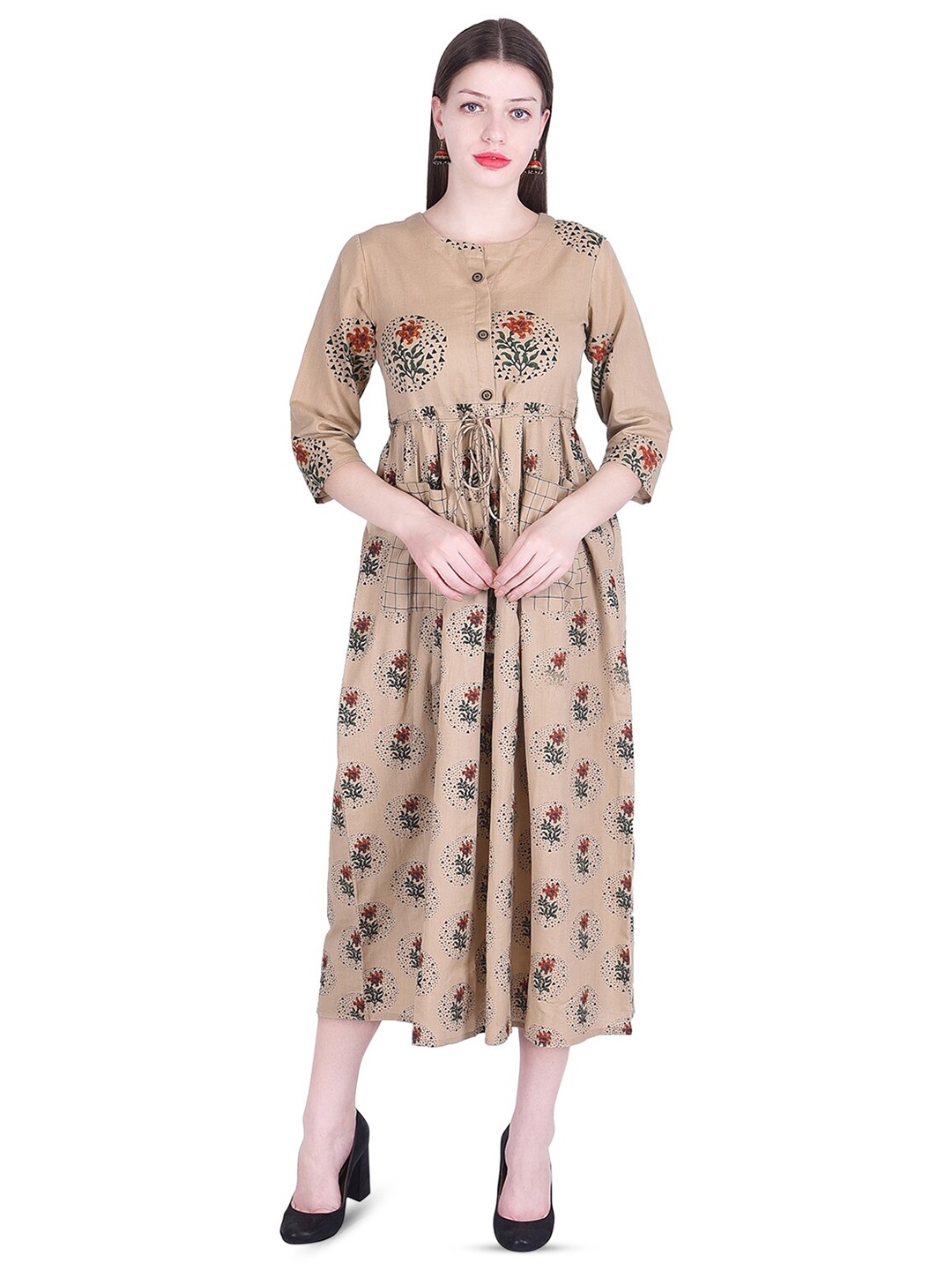 

KALINI Ethnic Motifs Printed Pleated Detailed Cotton Fit & Flare Midi Ethnic Dress, Beige