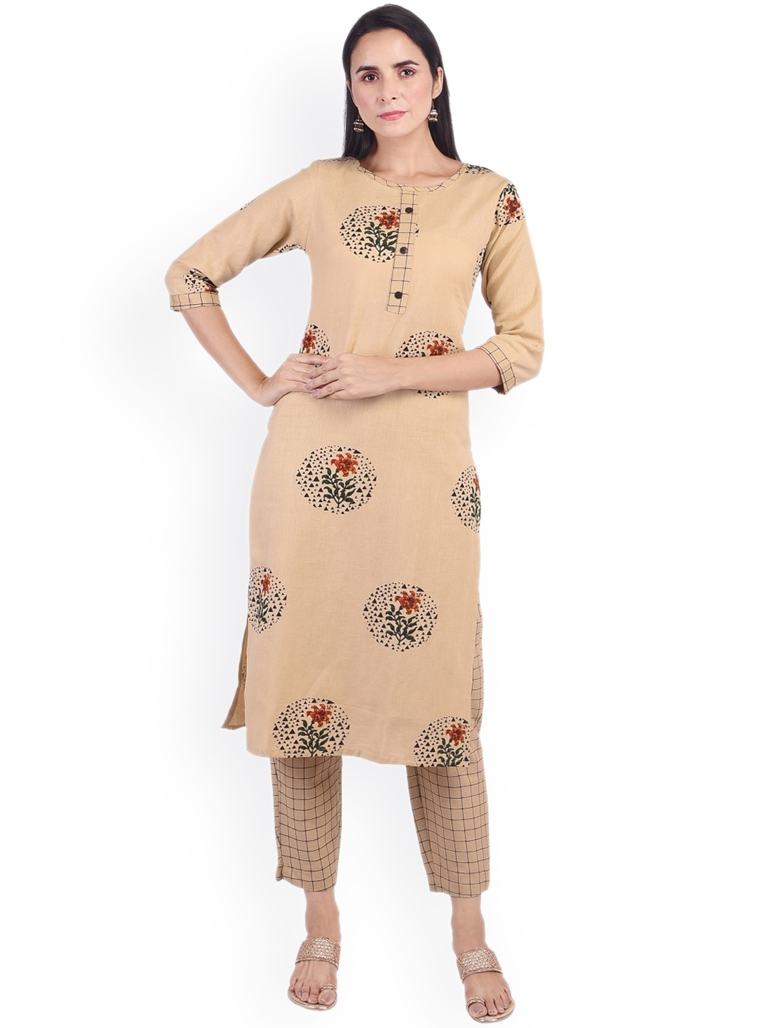 

KALINI Ethnic Motifs Printed Pure Cotton Straight Kurta with Trousers, Beige
