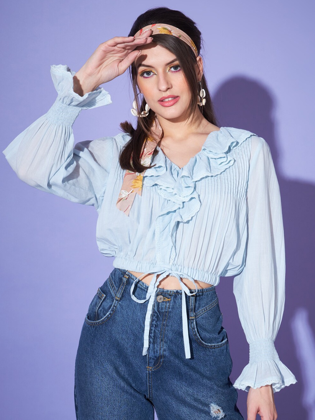 

CHARMGAL V-Neck Bell Sleeve Ruffles Detail Cotton Crop Blouson Top, Blue