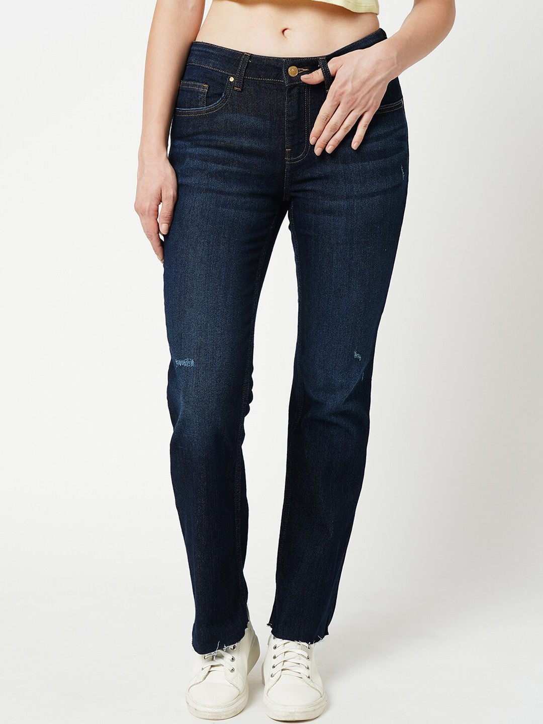 

ONLY Women High-Rise Low Distress Light Fade Stretchable Jeans, Blue